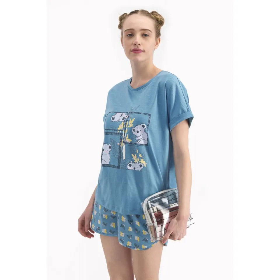 Pijamale damă cu tricou cu mânecă scurtă și pantaloni scurți, imprimeu urs panda, blue