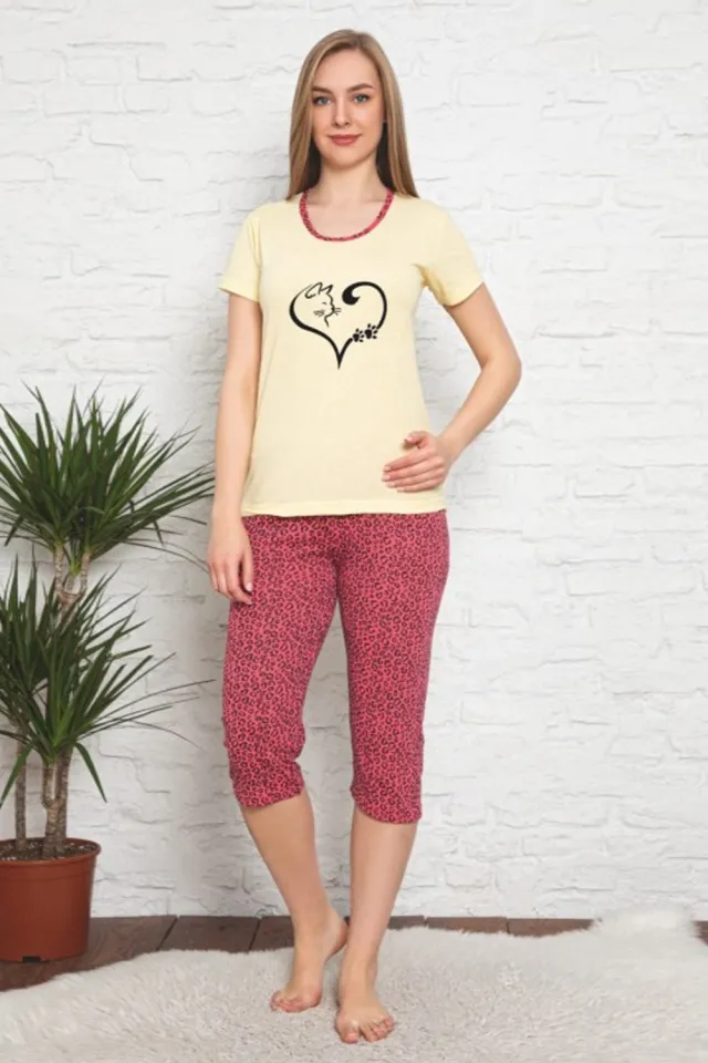 Pijamale dama Serena, tricou, pantaloni trei sferturi, culoare galben