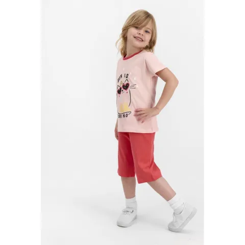 Pijamale de fetițe cu tricou și pantaloni 3/4 din bumbac, model Sun Is Coming, culoare roz hover