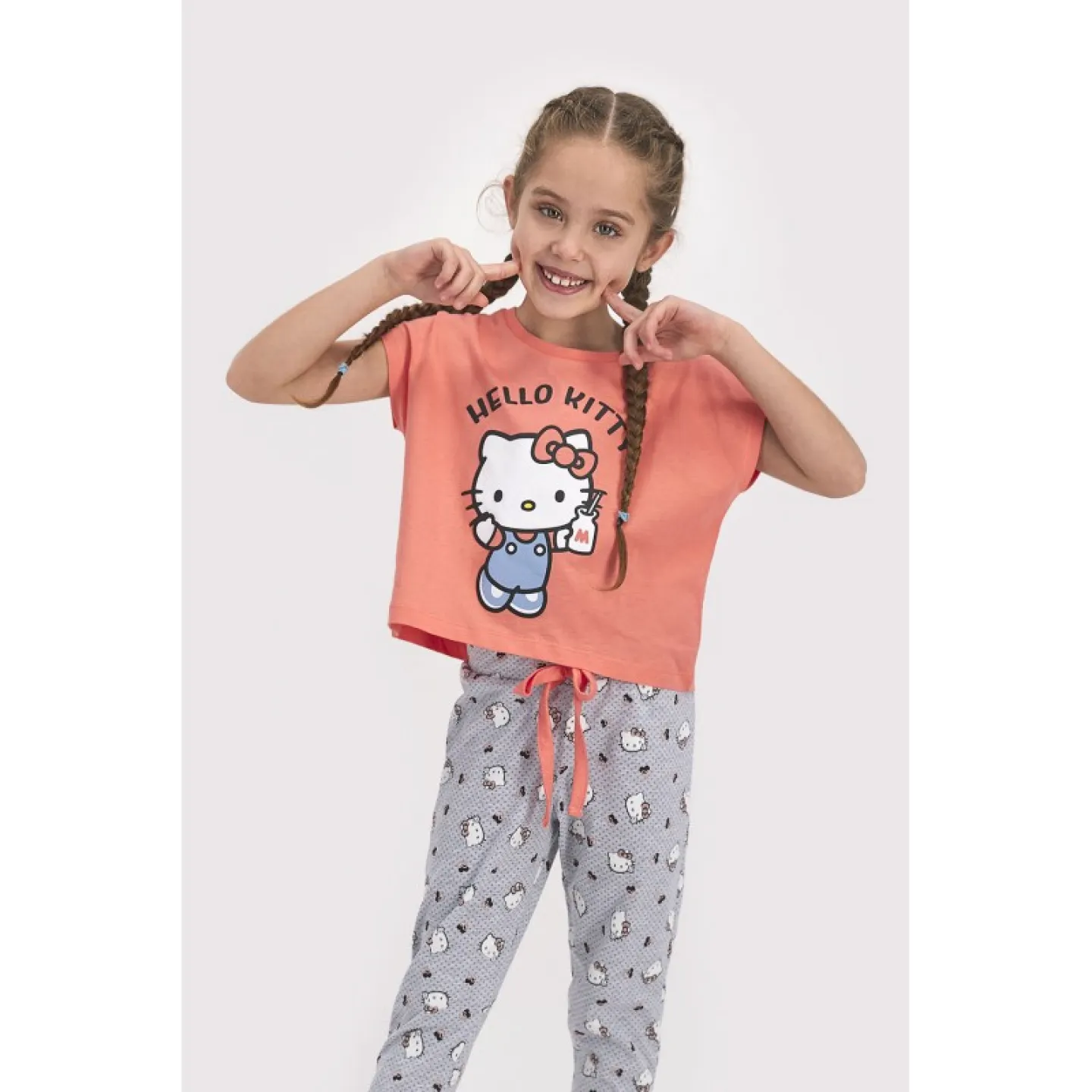 Pijamale pentru copii Hello Kitty, bluza cu mânecă scurtă și pantalon lung, portocaliu - 2