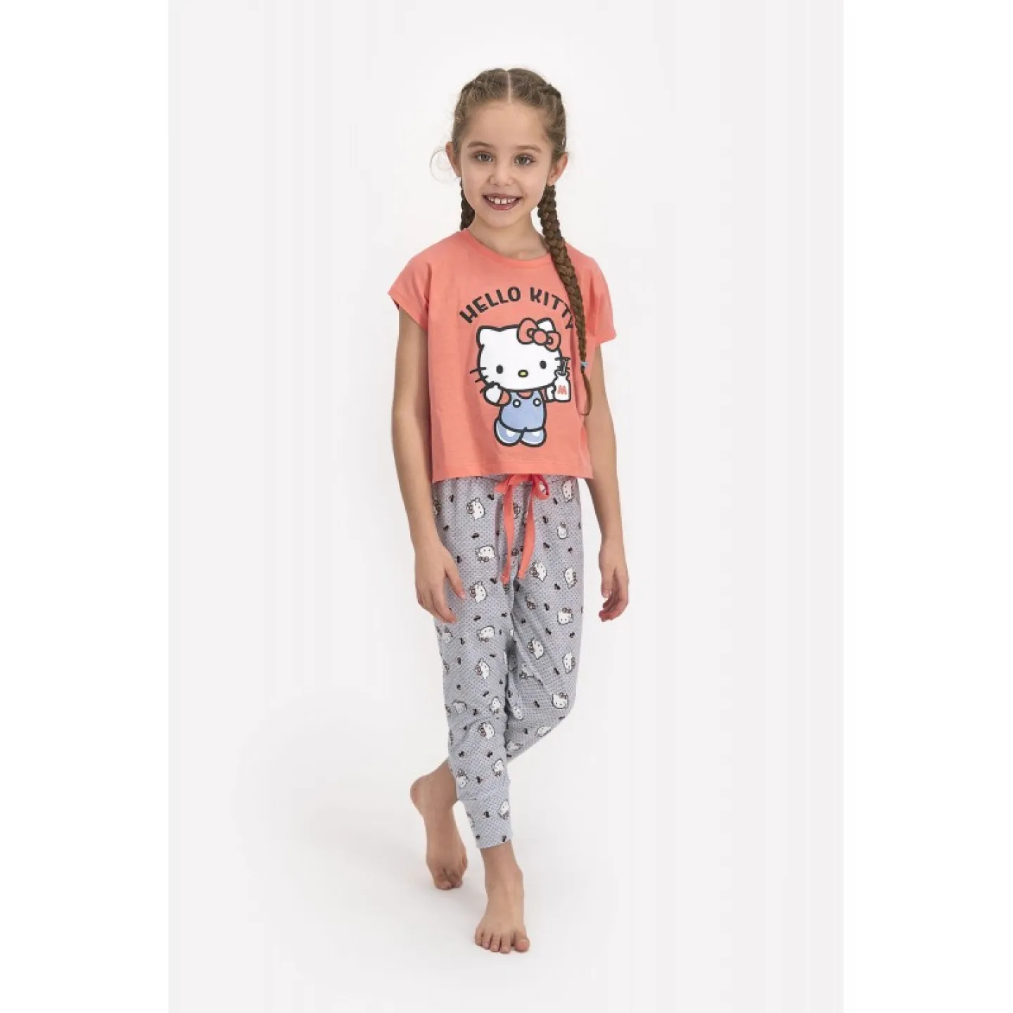 Pijamale pentru copii Hello Kitty, bluza cu mânecă scurtă și pantalon lung, portocaliu - 1