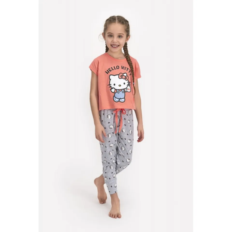 Pijamale pentru copii Hello Kitty, bluza cu mânecă scurtă și pantalon lung, portocaliu