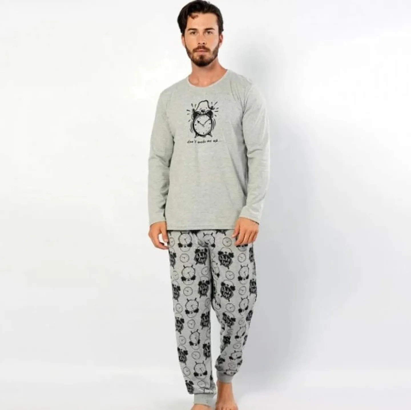 Pijama Vienetta pentru Bărbați din Bumbac, cu Imprimeu Ceas, Gri - 1