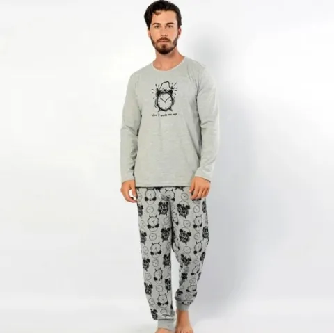 Pijama Vienetta pentru Bărbați din Bumbac, cu Imprimeu Ceas, Gri