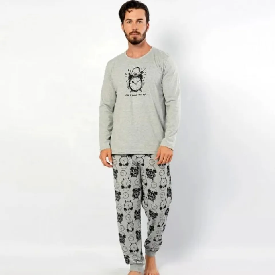 Pijama Vienetta pentru Bărbați din Bumbac, cu Imprimeu Ceas, Gri