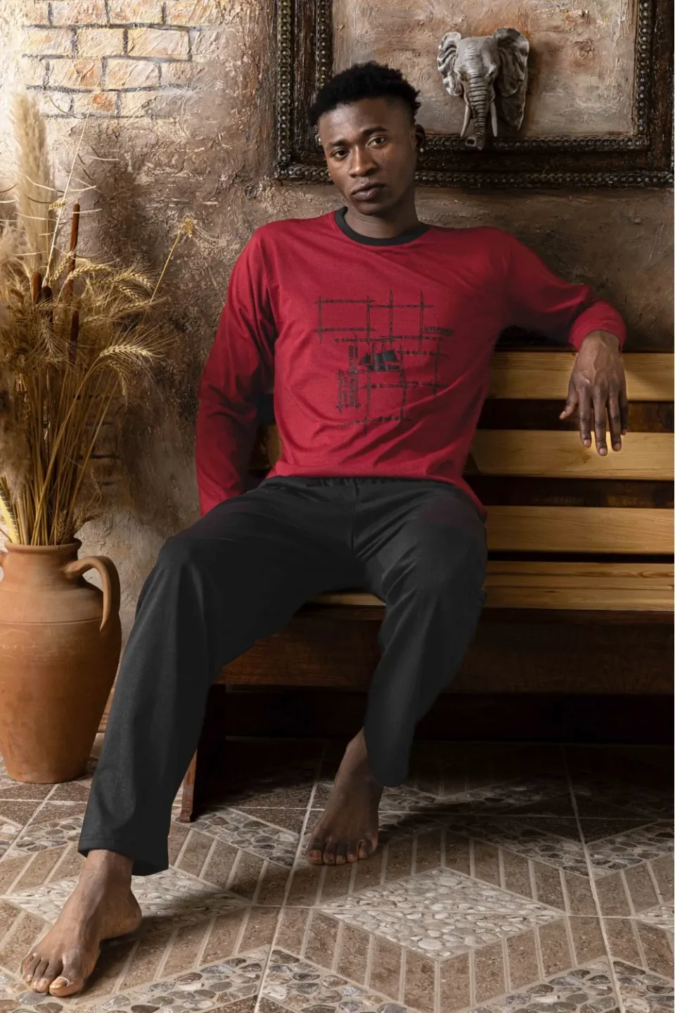 Pijamă Bărbați din Bumbac cu Mâneci și Pantaloni Lungi - Bordo - 2