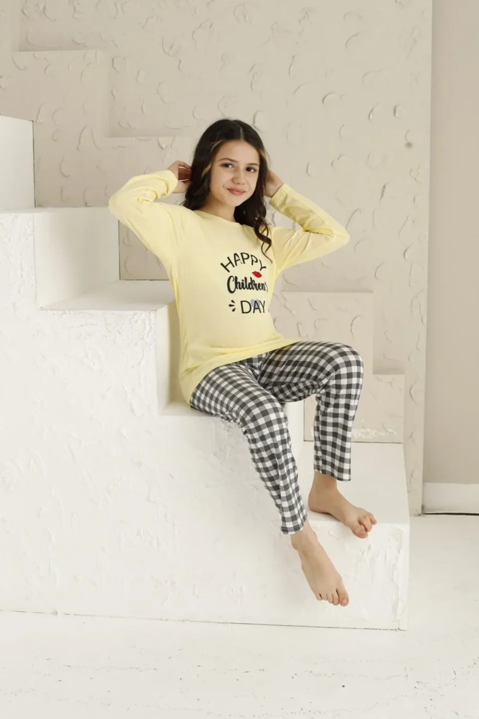 Pijama Fete Happy Children Day, Galben cu Mâneca Lungă - 3