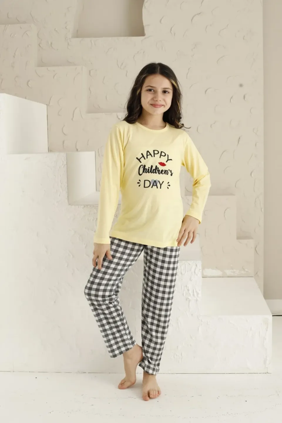 Pijama Fete Happy Children Day, Galben cu Mâneca Lungă - 2