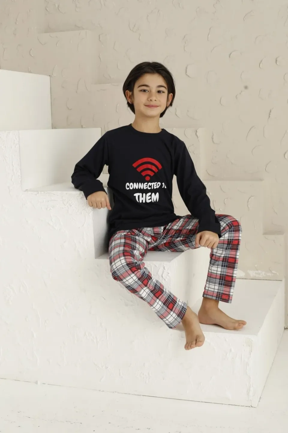 Pijama băieți, mânecă lungă, Connected To Them, bleumarin - 1