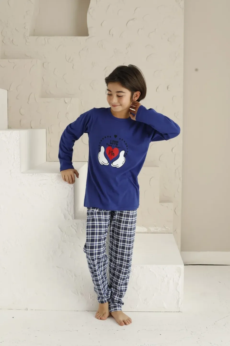 Pijama băieți, mânecă lungă, Love Me, albastru - 1