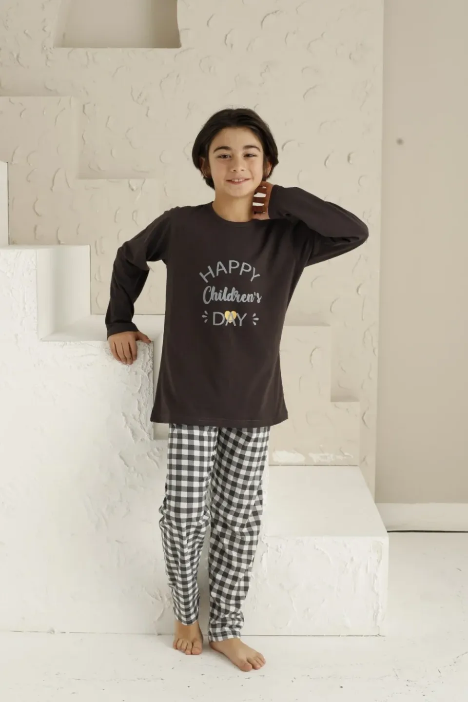 Pijama pentru băieți cu mânecă lungă si pantaloni lungi, imprimeu Happy Children's Day - 3