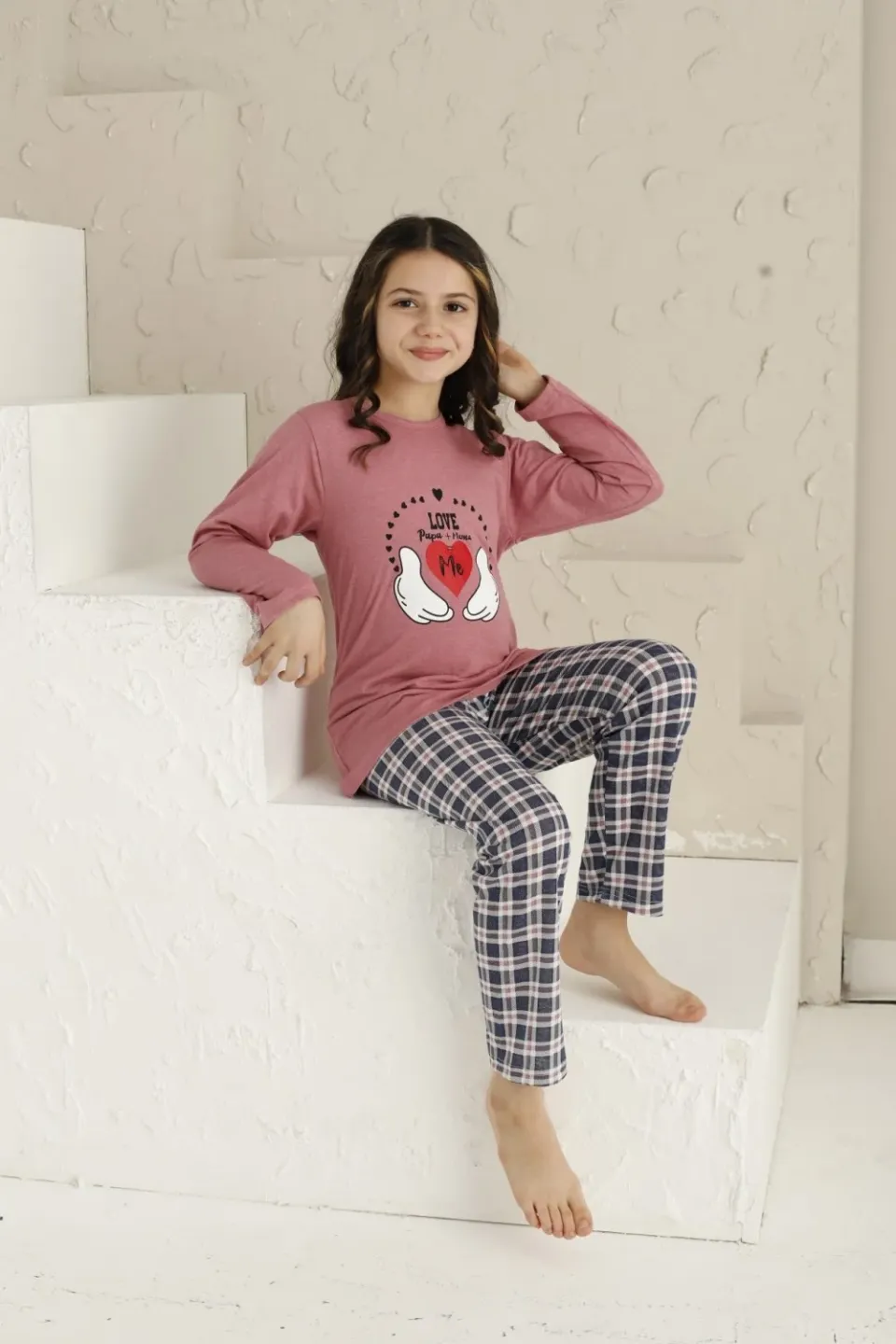 Pijama Fete, Mânecă Lungă, Imprimeu Love, Roz Închis - 3