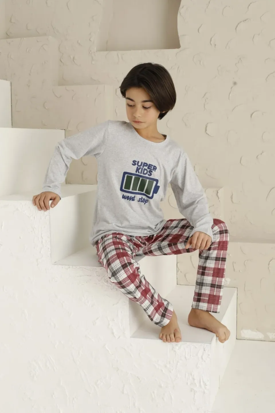 Pijama băieți, mânecă lungă si pantaloni lungi, imprimeu Super Kids, gri - 3
