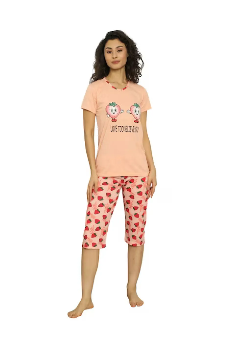 Pijama dama din bumbac, imprimeu capsuni, maneca scurta si pantaloni 3/4, roz - 1