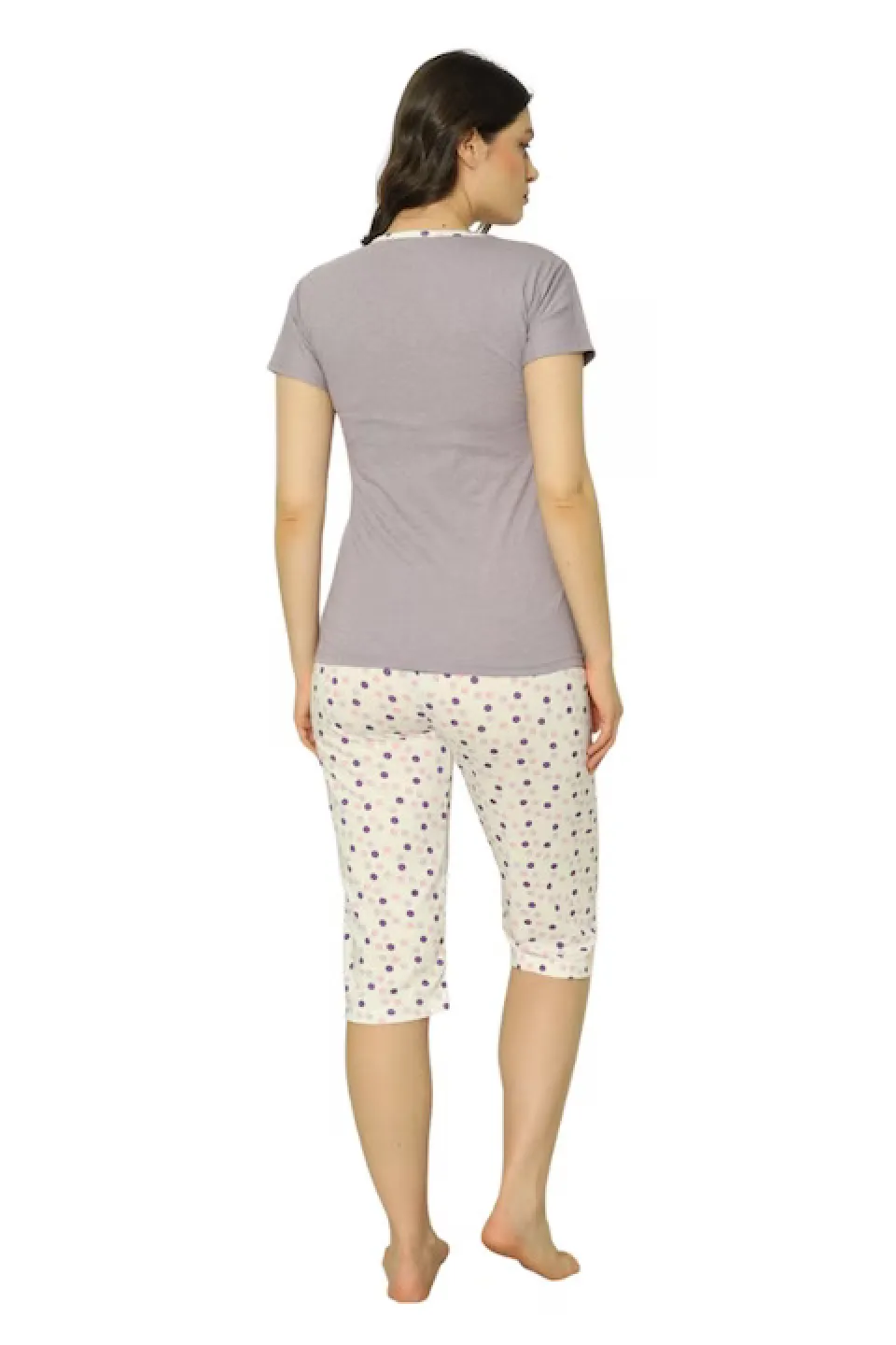 Pijama dama Big Size din bumbac, imprimeu cu baloane, maneca scurta si pantaloni 3/4, mov - 2