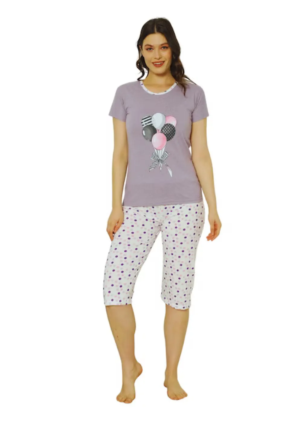 Pijama dama Big Size din bumbac, imprimeu cu baloane, maneca scurta si pantaloni 3/4, mov - 1