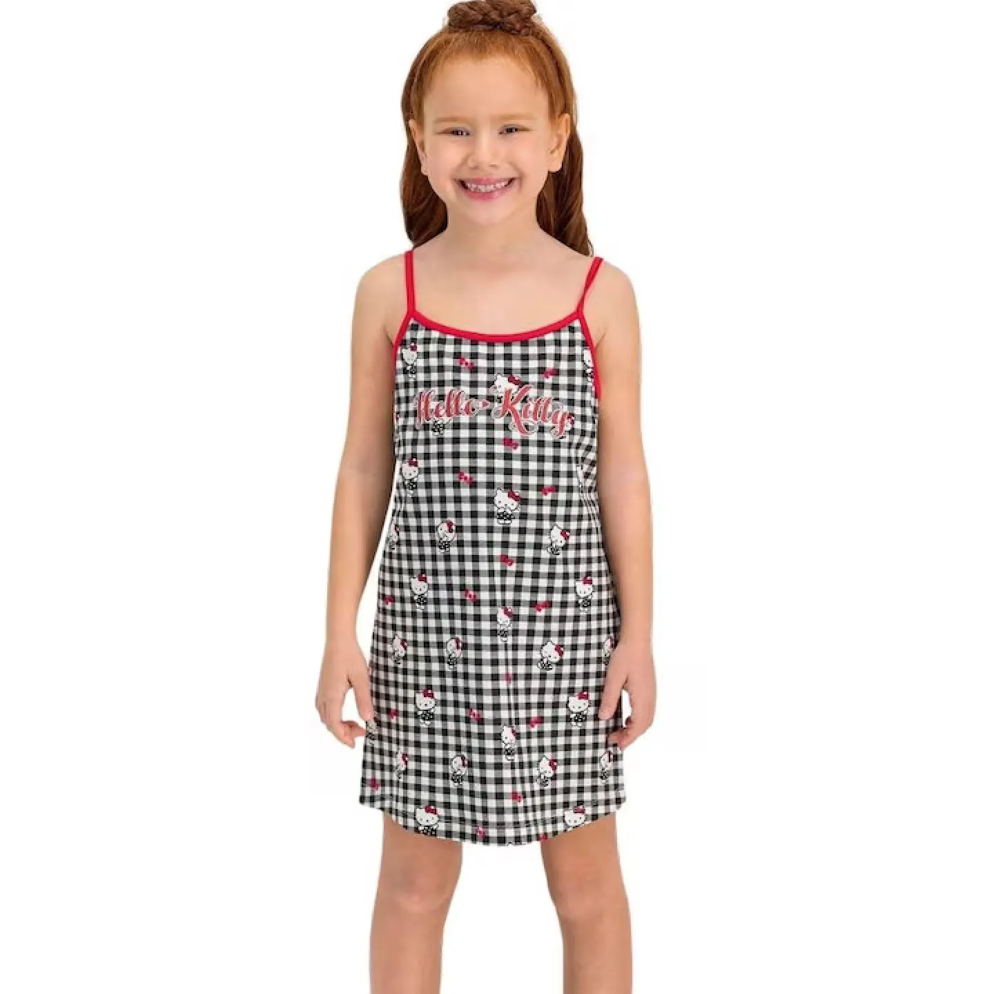 Rochiță pentru copii Hello Kitty cu bretele subțiri, model carouri - 1