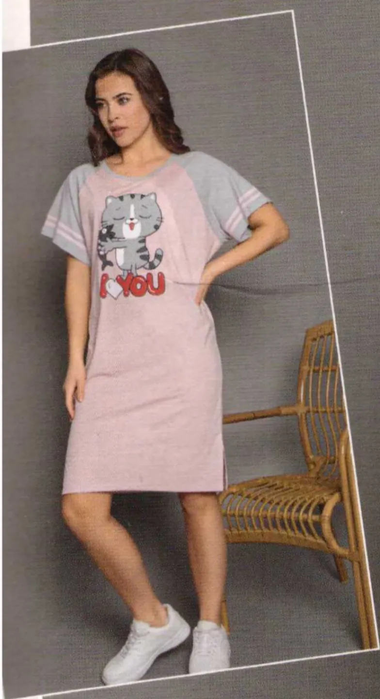 Rochie casual damă cu mânecă scurtă, până la genunchi, imprimeu I Love You, roz - 1