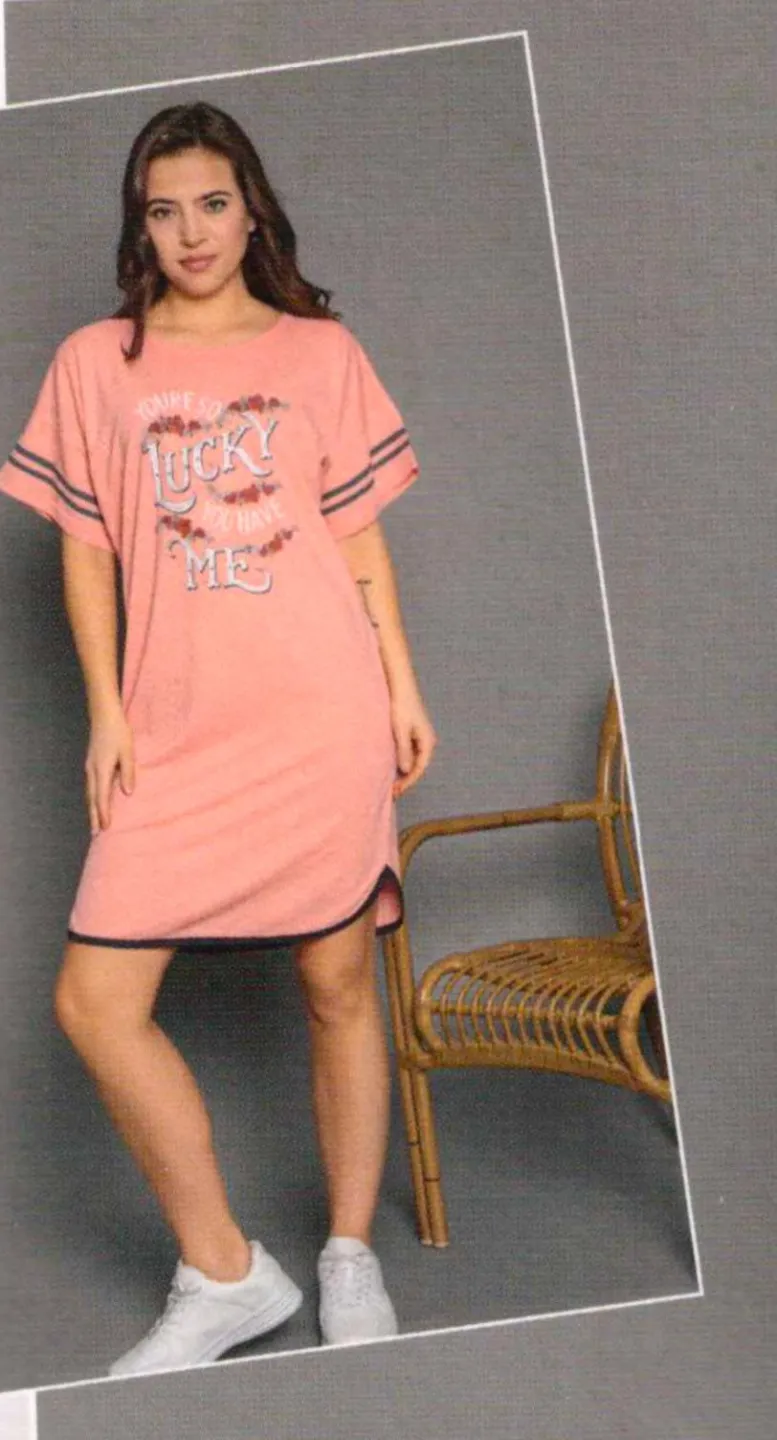 Rochie casual damă cu mânecă scurtă, până la genunchi, imprimeu Lucky, roz - 1