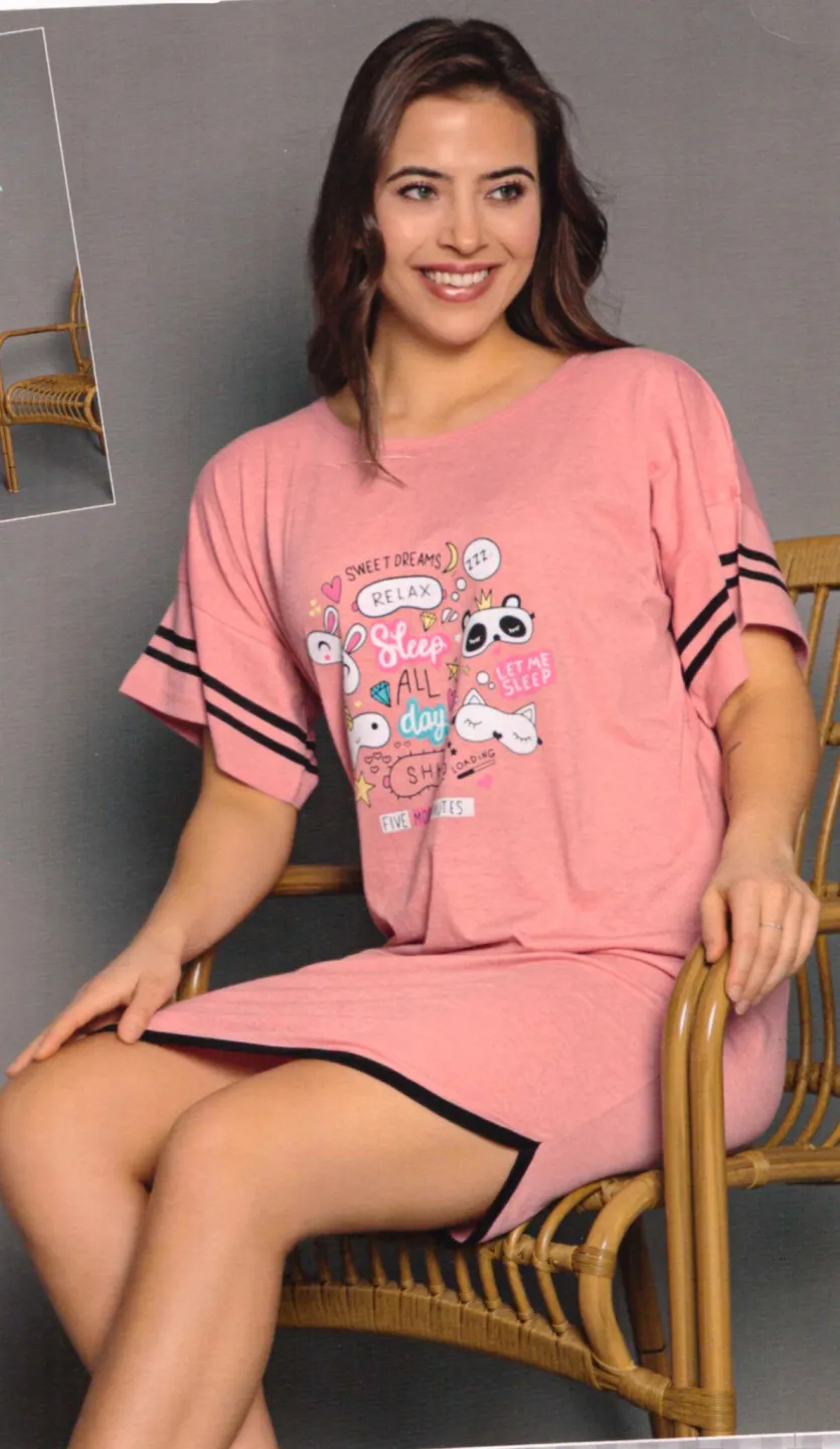 Rochie casual damă cu mânecă scurtă, până la genunchi, imprimeu ,,Sleep'', roz - 1