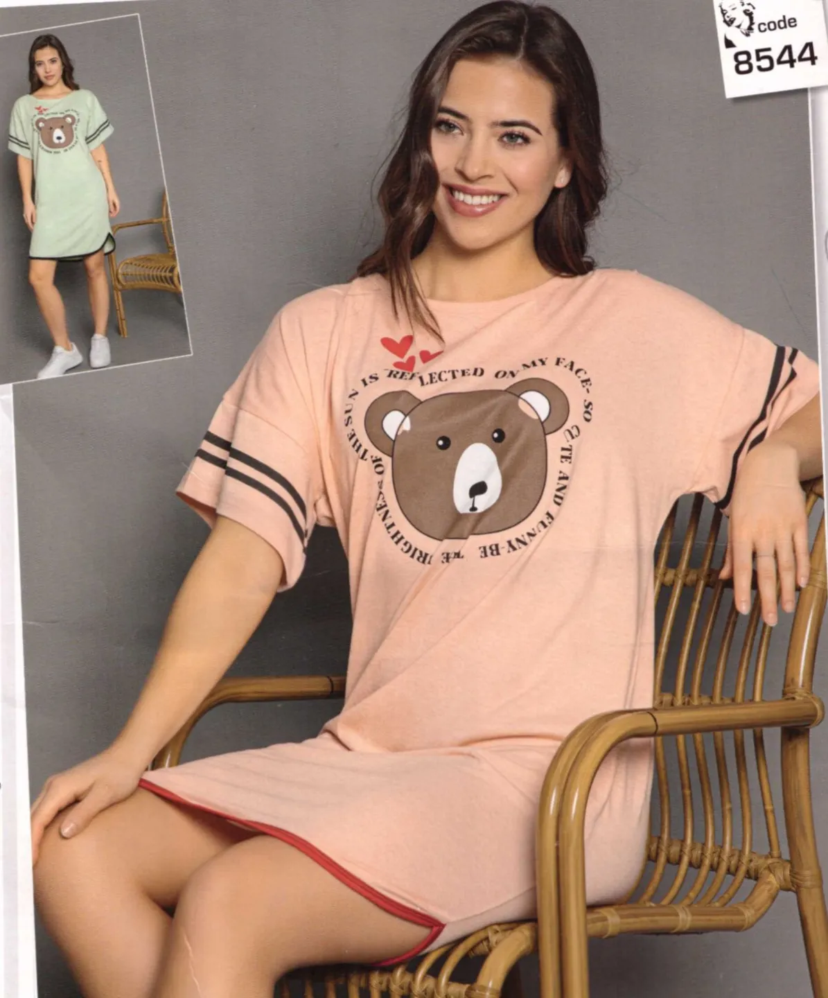 Rochie casual damă cu mânecă scurtă, până la genunchi, imprimeu ursulet, roz - 1