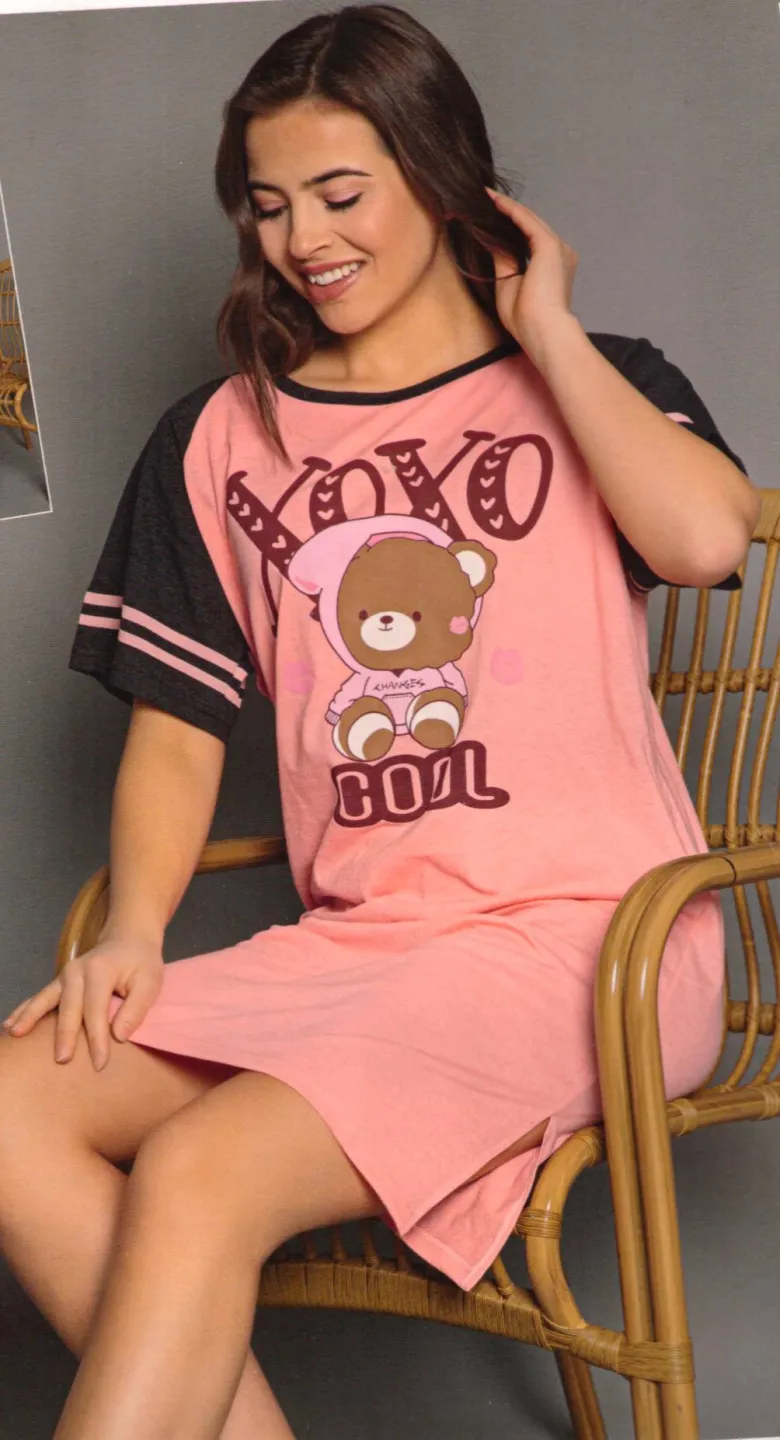 Rochie casual damă cu mânecă scurtă, până la genunchi, imprimeu XOXO, roz - 1