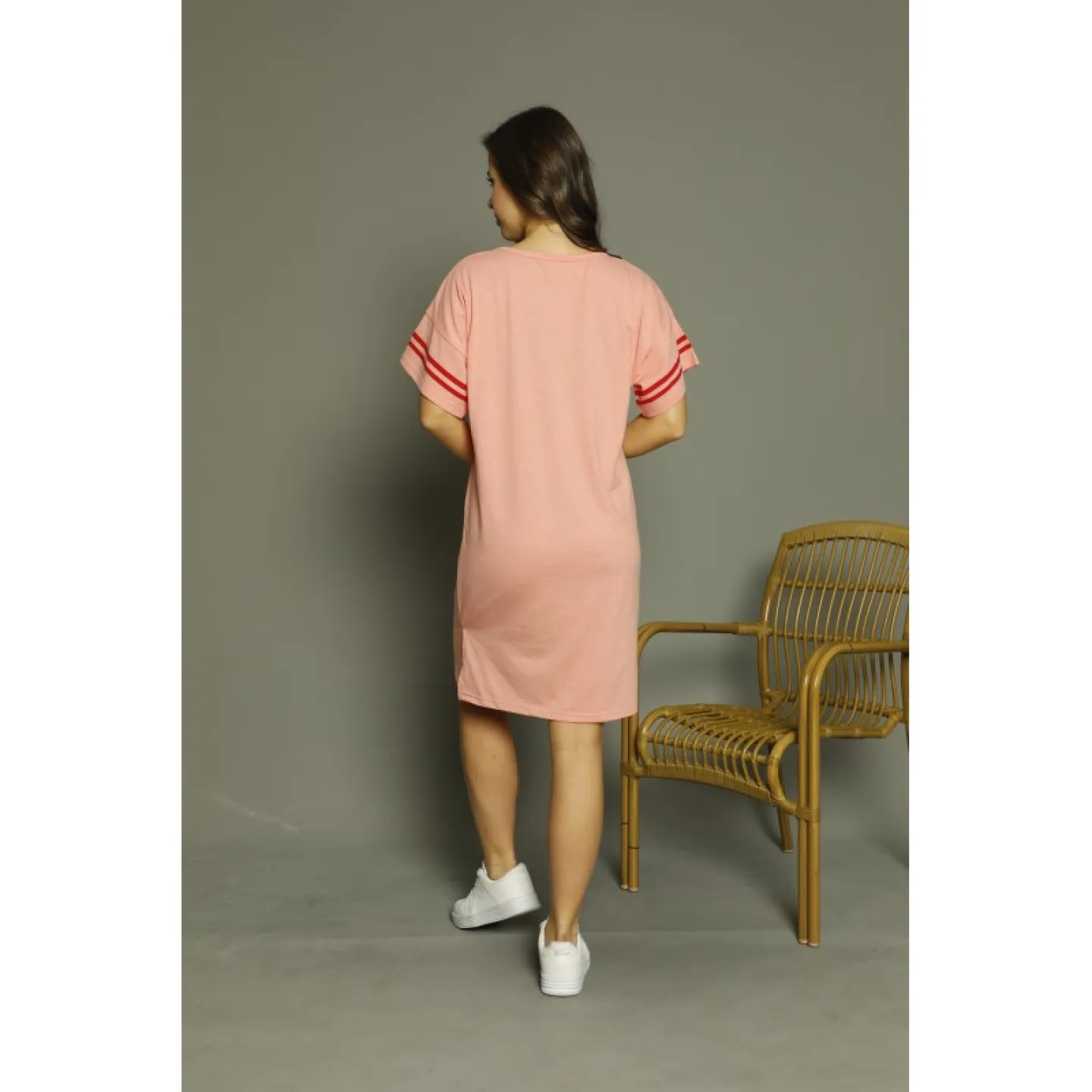 Rochie casual damă cu mânecă scurtă, până la genunchi, imprimeu You Complete me, roz - 3