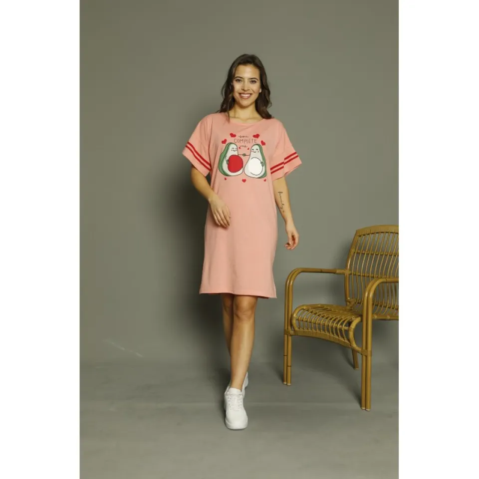 Rochie casual damă cu mânecă scurtă, până la genunchi, imprimeu You Complete me, roz