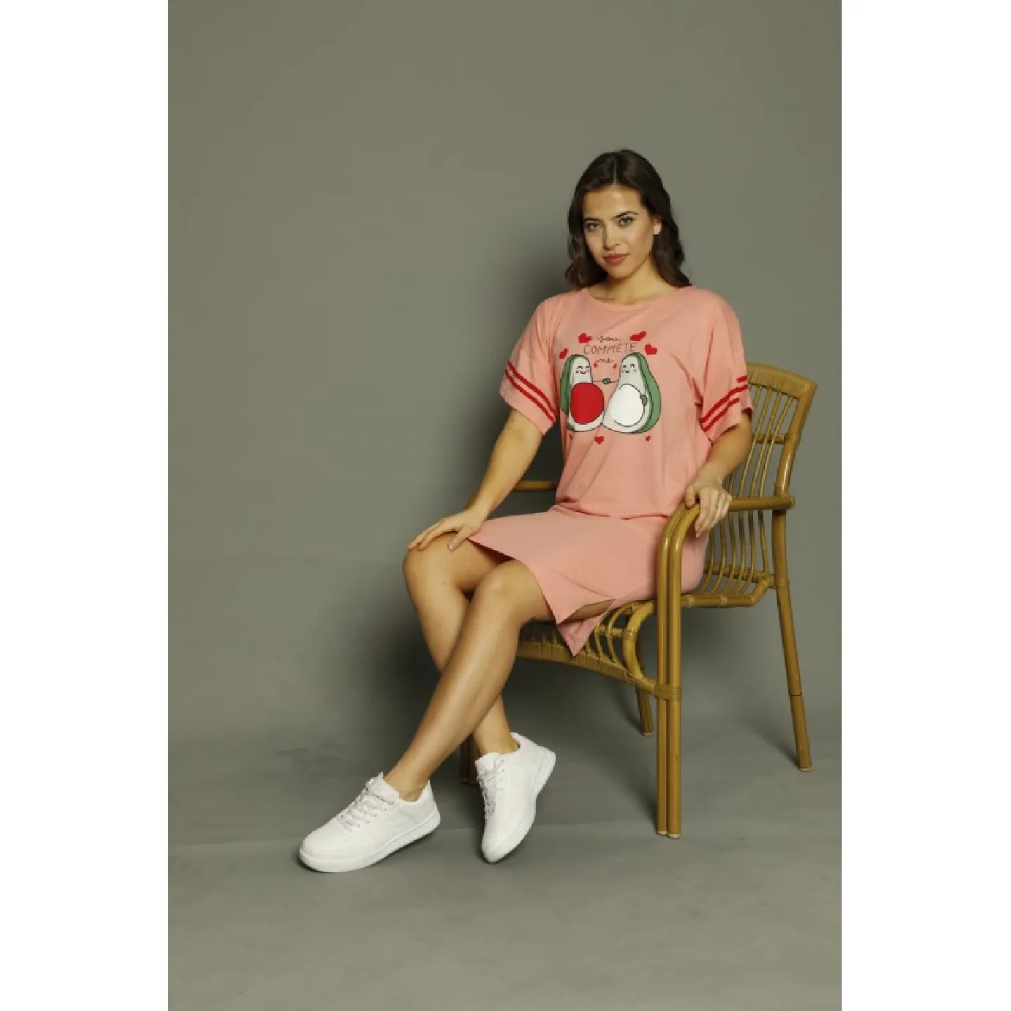 Rochie casual damă cu mânecă scurtă, până la genunchi, imprimeu You Complete me, roz - 2