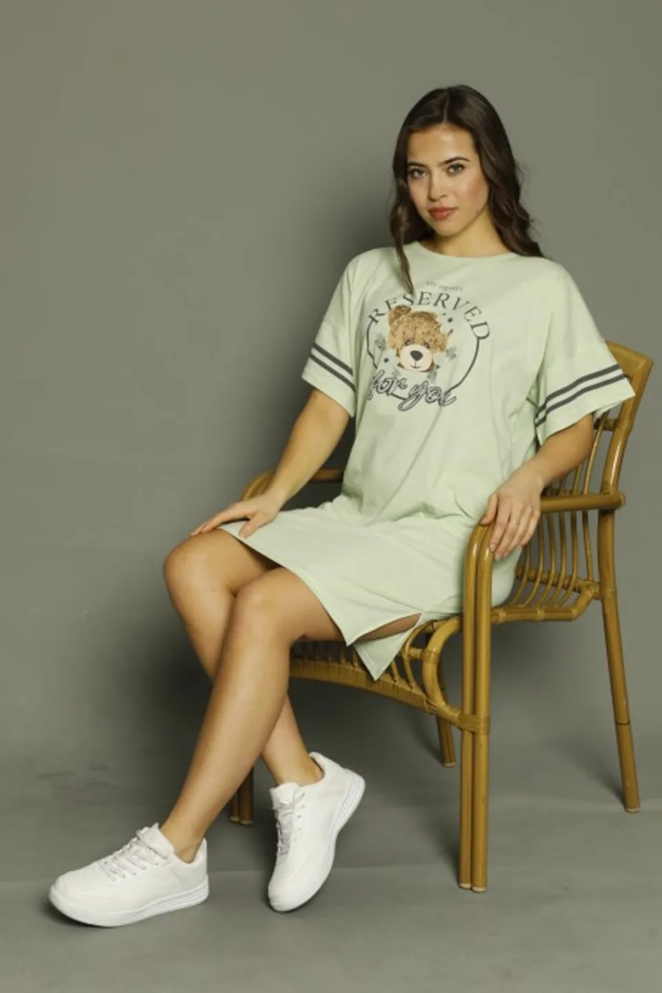 Rochie casual Marilyn Mood, imprimeu ursuleț, verde - 2