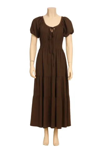 Rochie damă creponată lungă, cu decolteu, maro