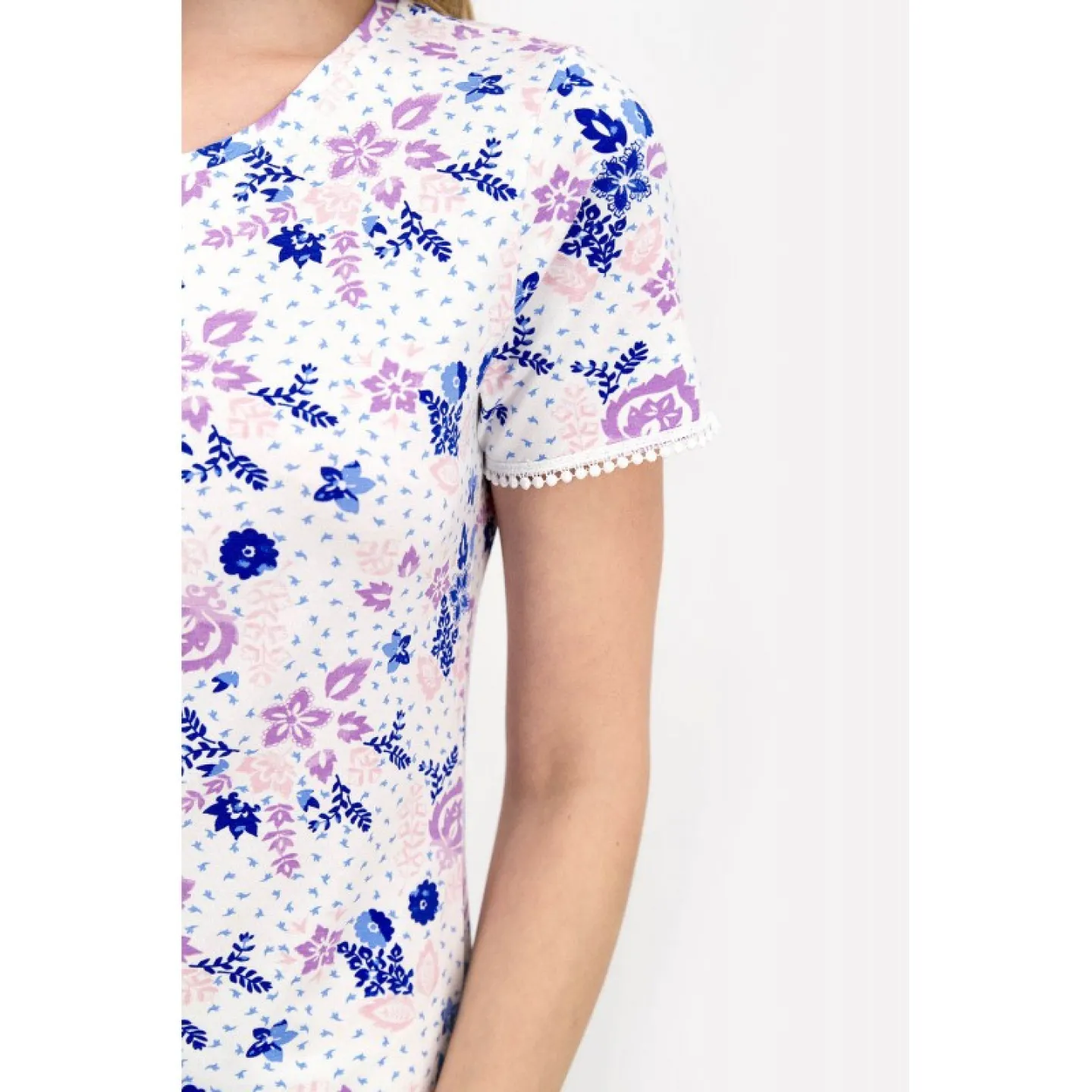 Rochie damă cu mânecă scurtă și aplicație din dantelă, cu imprimeu floral și lungime 3/4 - 2