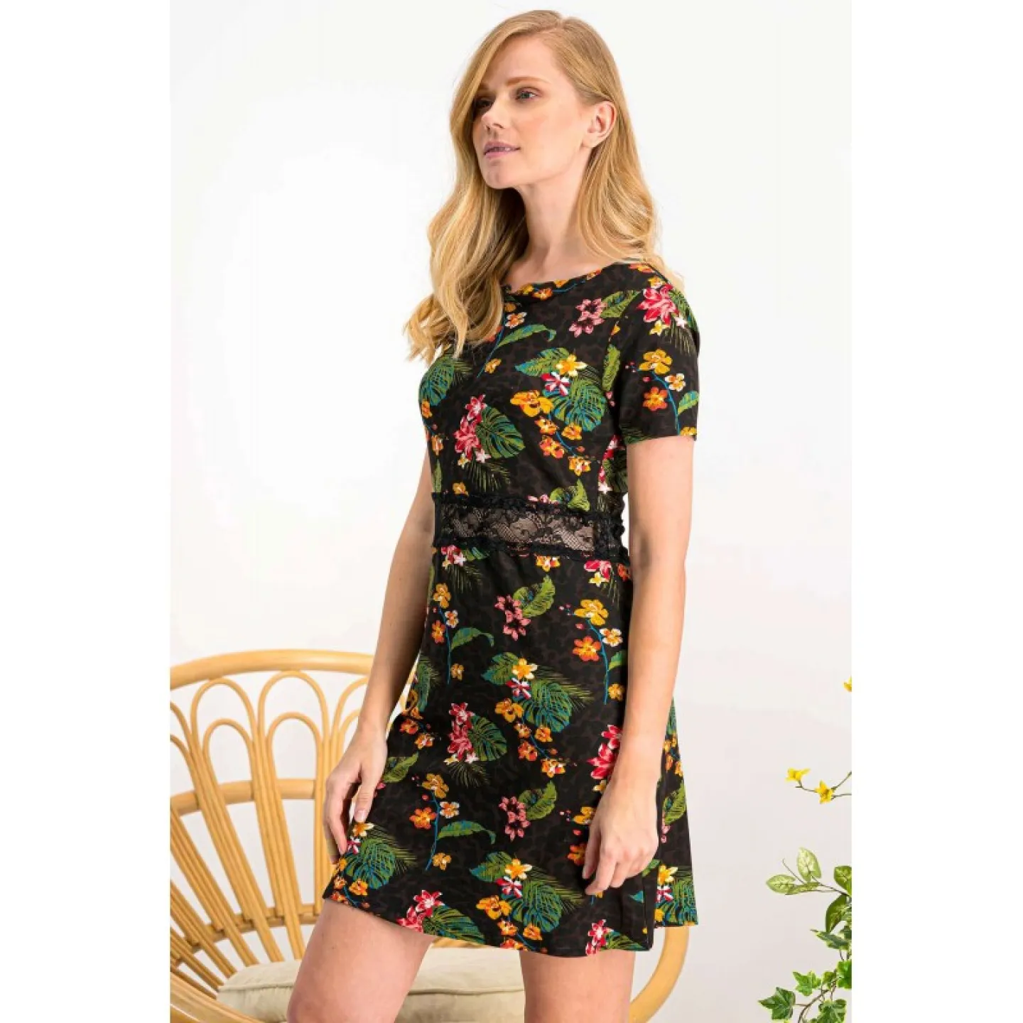 Rochie damă cu mânecă scurtă  și imprimeu floral, culoare negru - 3