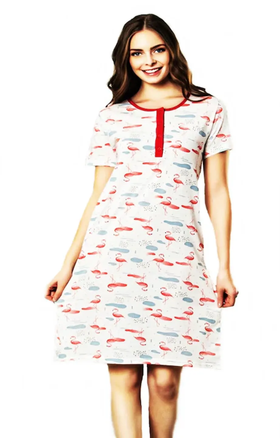 Rochie dama din bumbac, imprimeu flamingo, maneca scurta pana la genunchi - 1