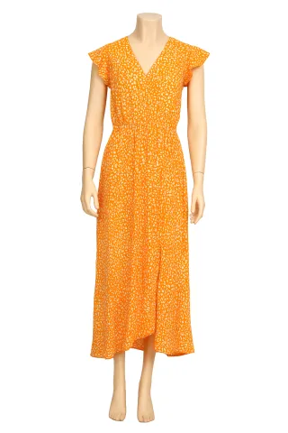 Rochie damă lungă, mâneci scurte cu volănașe, decolteu în V- portocaliu