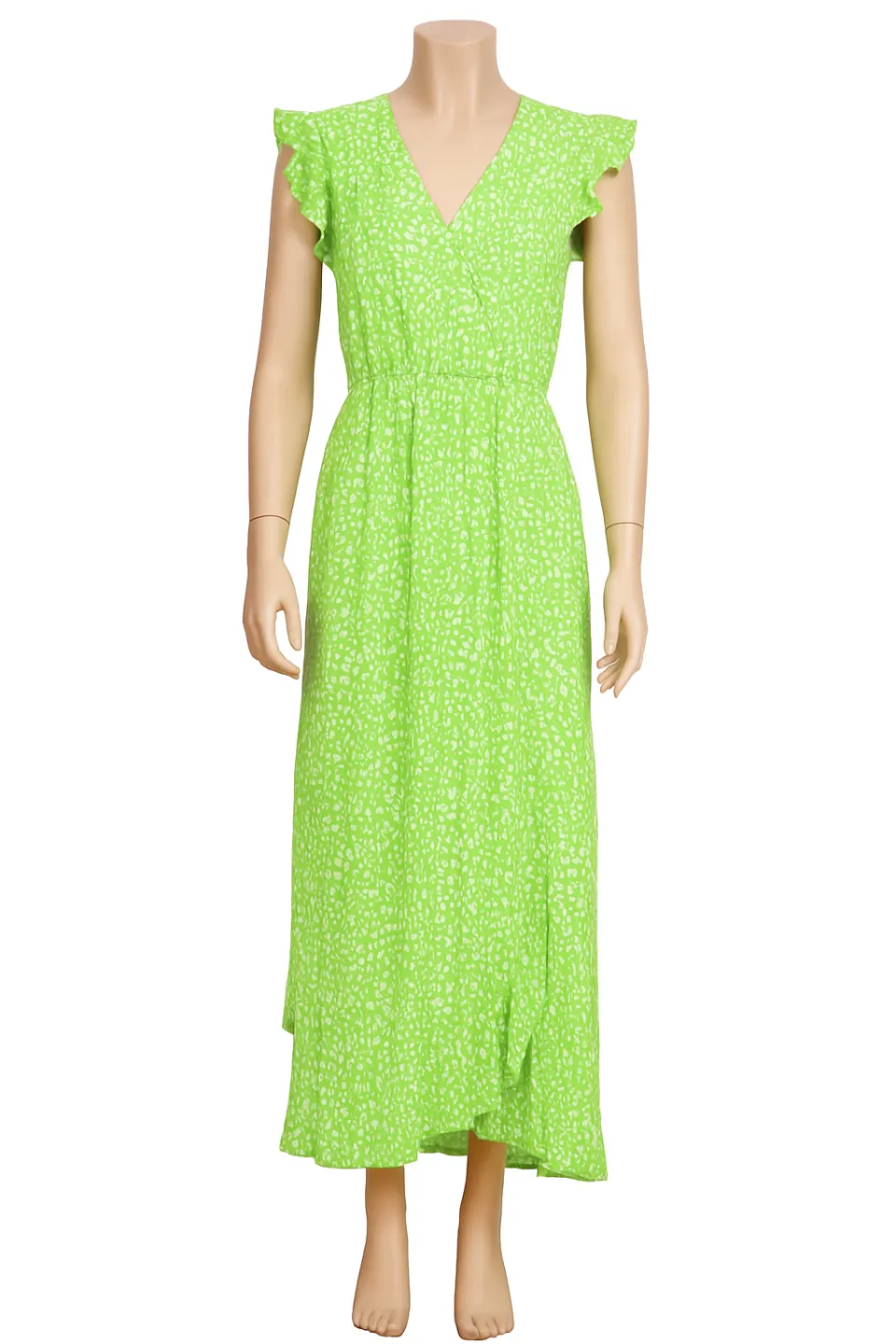 Rochie damă lungă, mâneci scurte cu volănașe, decolteu în V- verde - 1