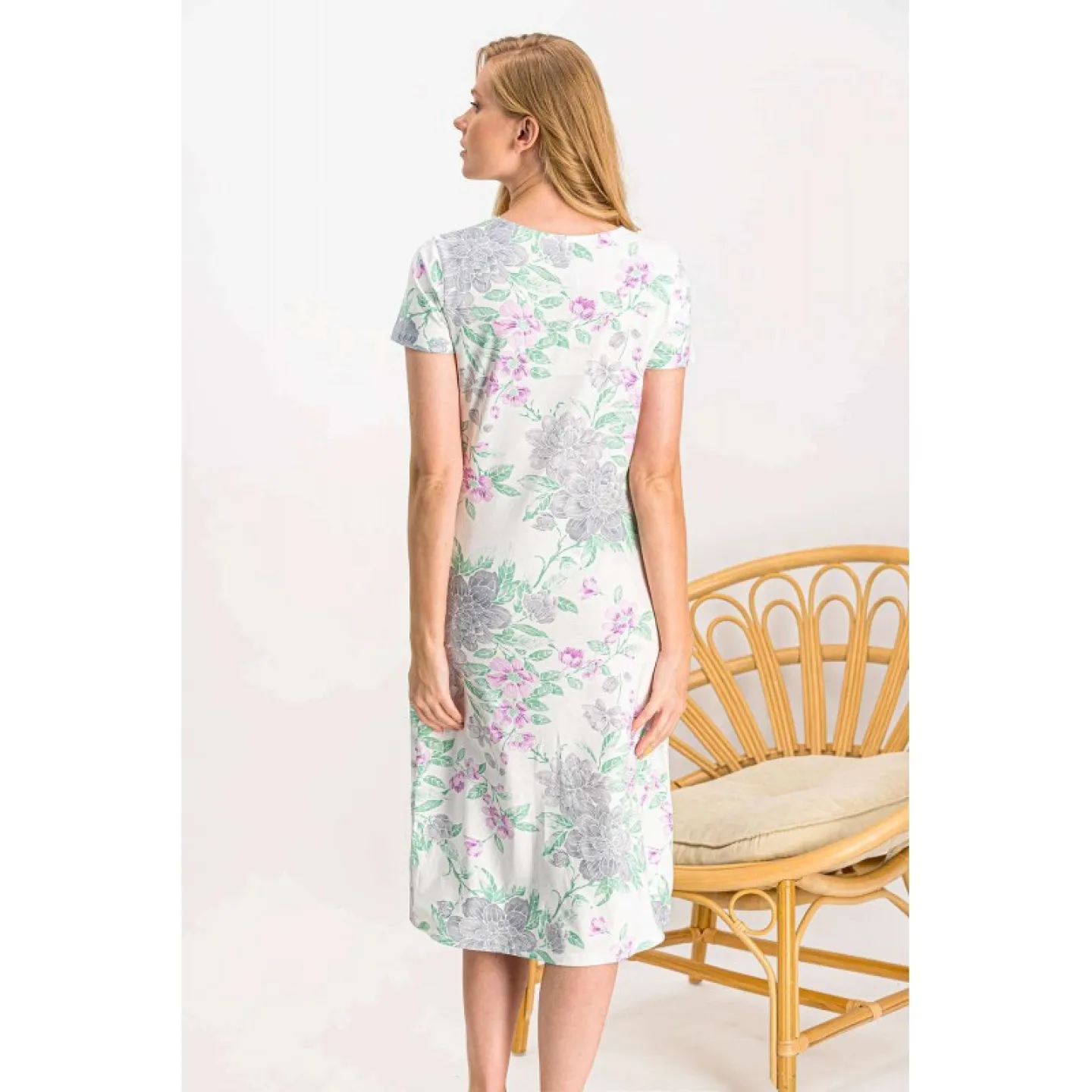 Rochie damă,  mânecă scurtă  și decolteu rotund, imprimeu floral, crem - 3