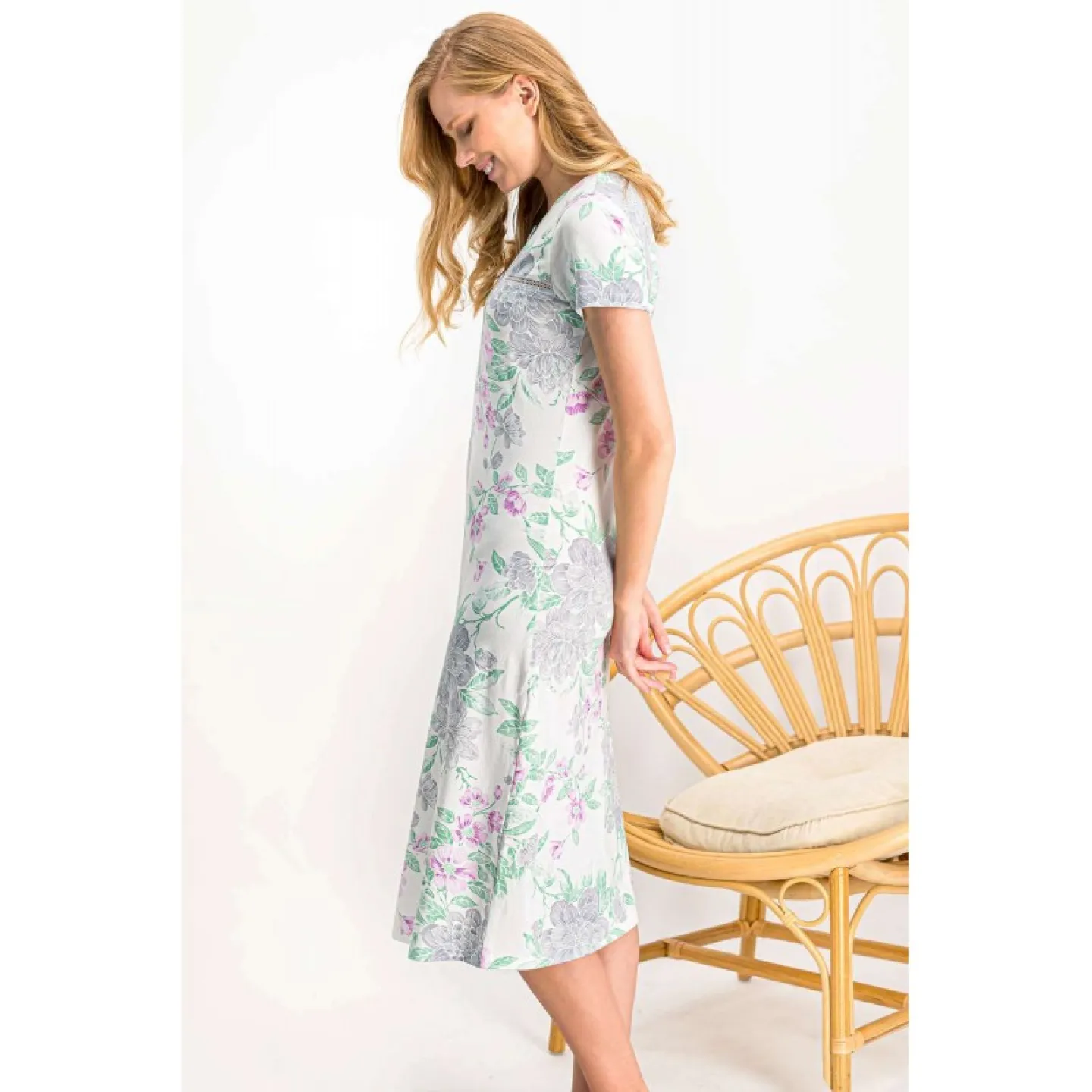 Rochie damă,  mânecă scurtă  și decolteu rotund, imprimeu floral, crem - 2