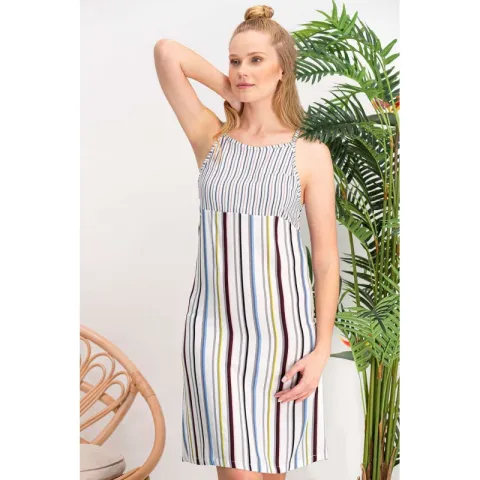 Rochie damă până la genunchi, cu bretele subțiri, model în dungi multicolore