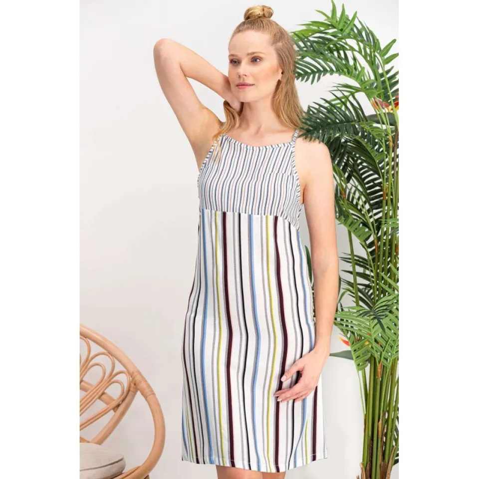 Rochie damă până la genunchi, cu bretele subțiri, model în dungi multicolore