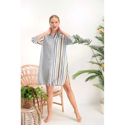 Rochie damă până la genunchi cu guler clasic și mânecă 3/4, model în dungi multicolore