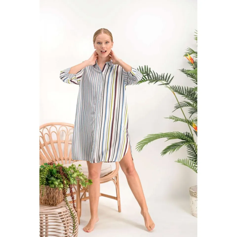 Rochie damă până la genunchi cu guler clasic și mânecă 3/4, model în dungi multicolore