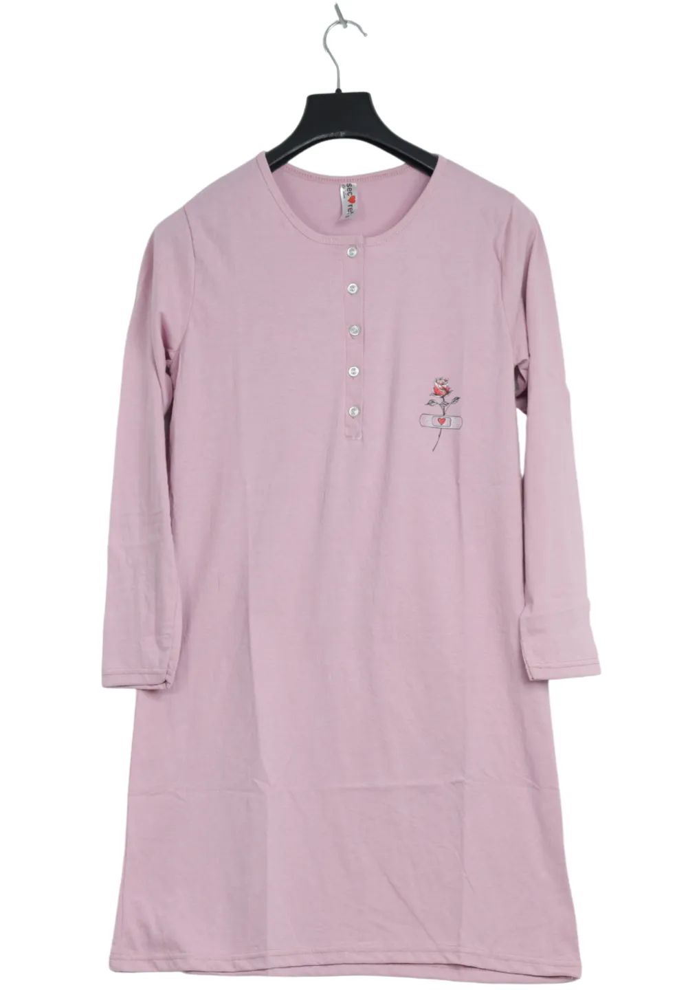 Rochie de casă roz cu imprimeu trandafir, mânecă lungă, bumbac - 1