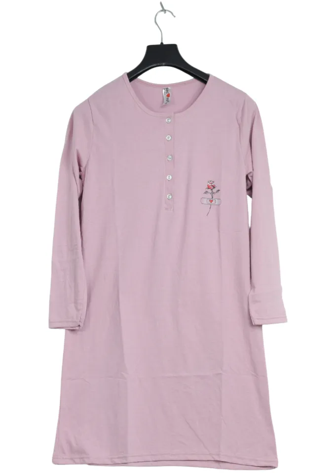 Rochie de casă roz cu imprimeu trandafir, mânecă lungă, bumbac