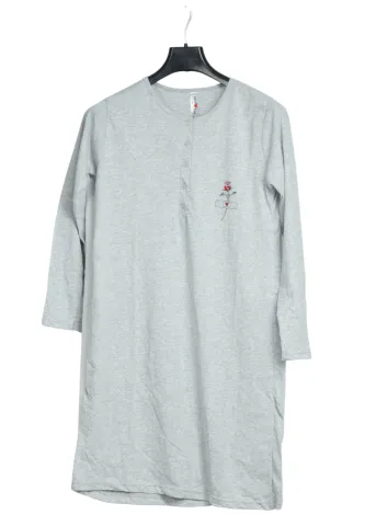 Rochie de casă gri cu imprimeu trandafir, mânecă lungă, bumbac