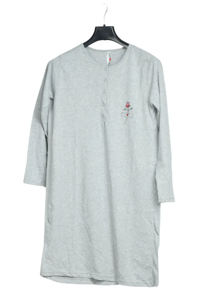 Rochie de casă gri cu imprimeu trandafir, mânecă lungă, bumbac