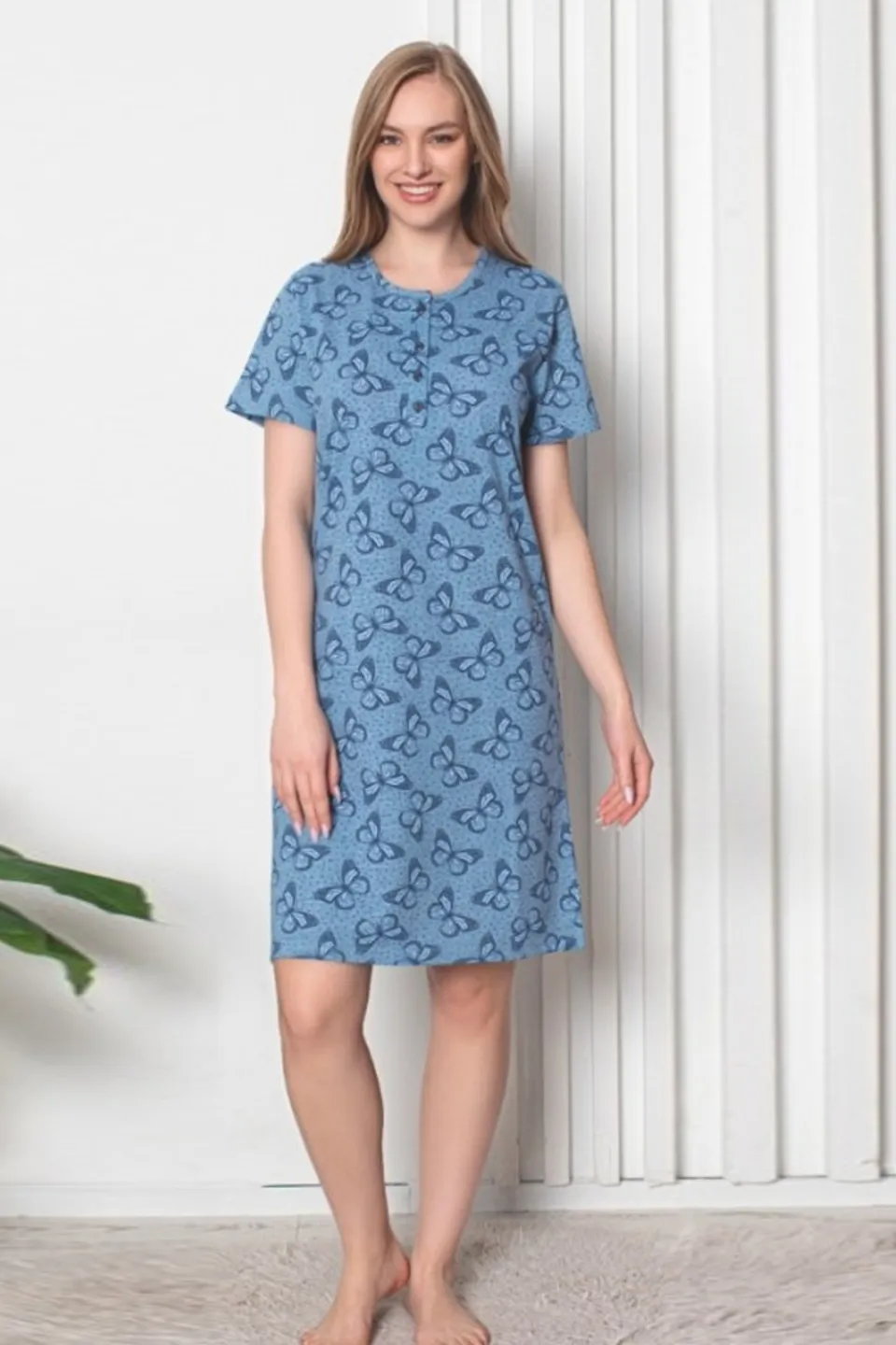 Rochie de casă Serena, culoare albastru, imprimeu fluturi - 1