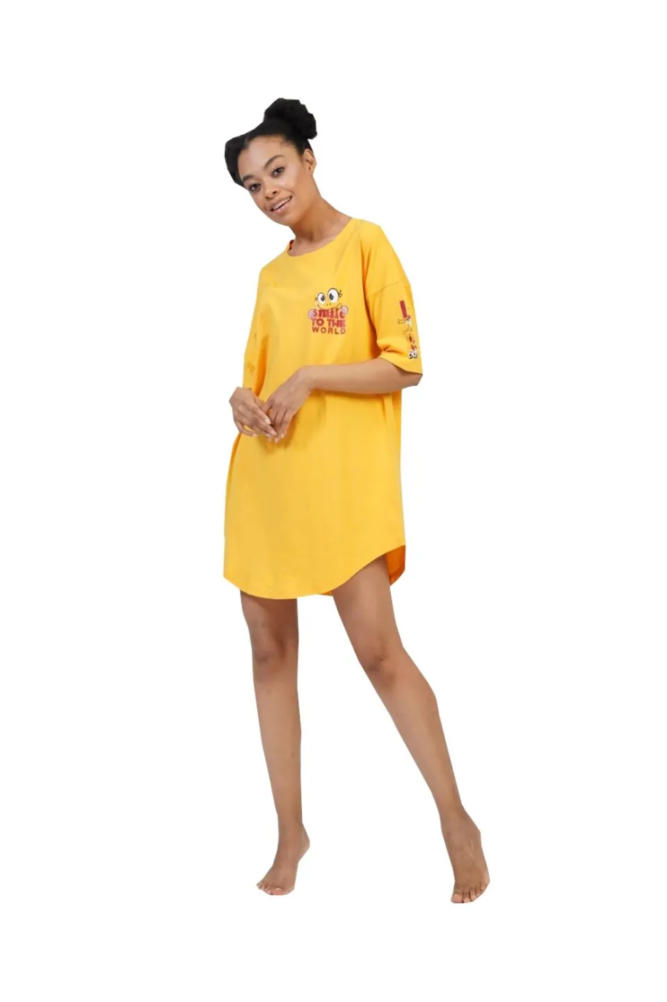 Rochie de casă Vienetta galben, mânecă 3/4, imprimeu „Smile to the world” - 1