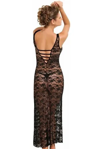 Rochie sexy lungă din dantelă neagră cu broderie roșie hover