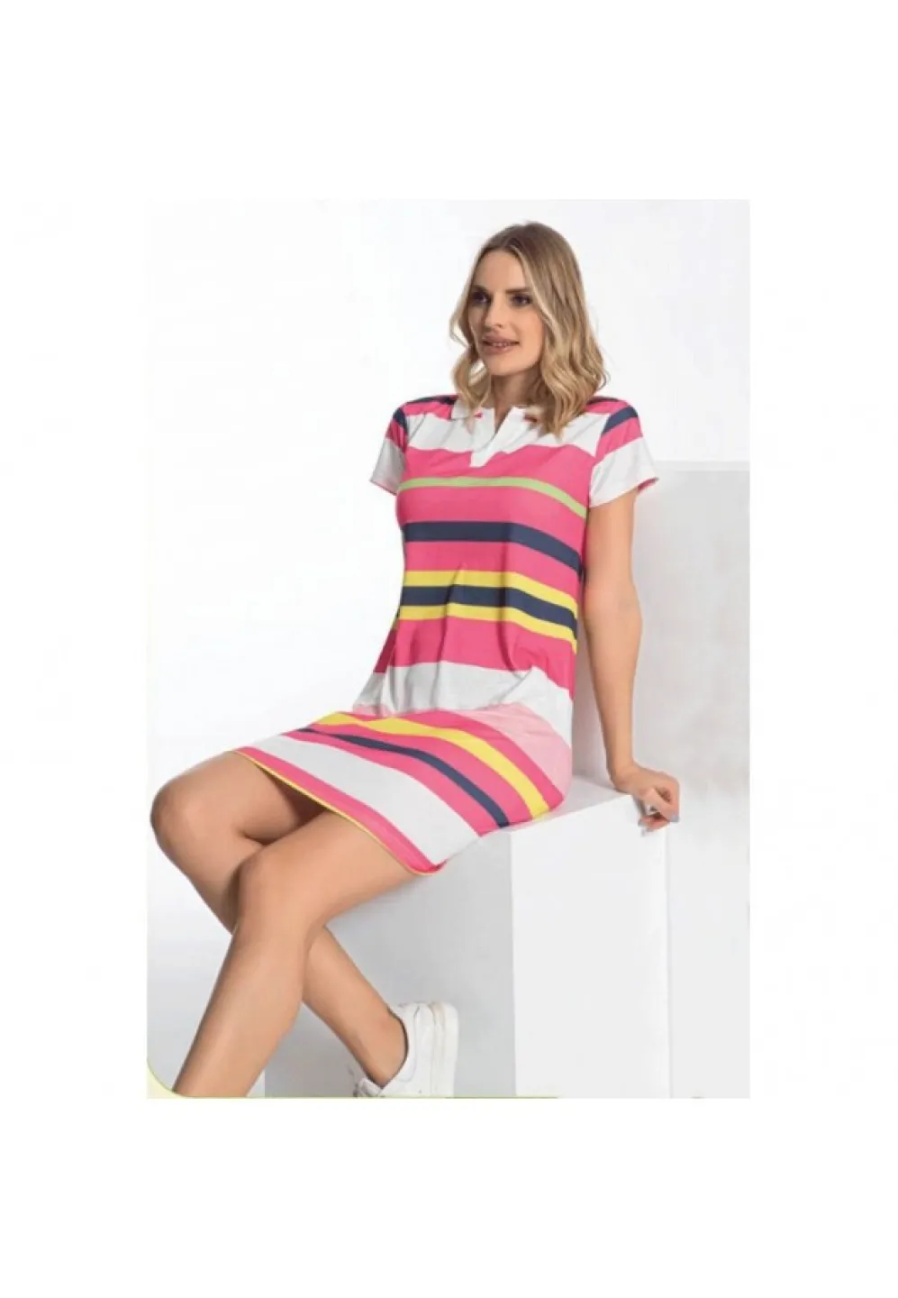 Rochița pentru damă din bumbac, lungime 3/4 cu imprimeu dungi, decolteu in V, roz/galben - 1